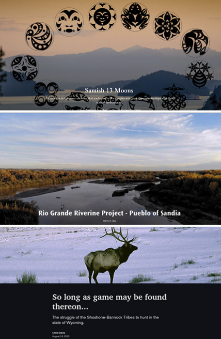 ESRI Storymaps Three photographs taken from the ESRI Storymaps website showing scenes of a sunset, a wetland and a herd-grazing animal.